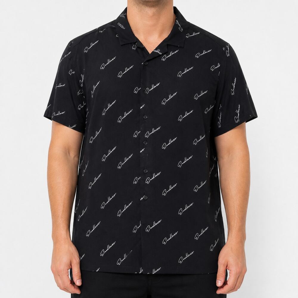 Primark Shirt Mens 2XL Black Endless Script Relaxed Fit Short Sleeve Button Up